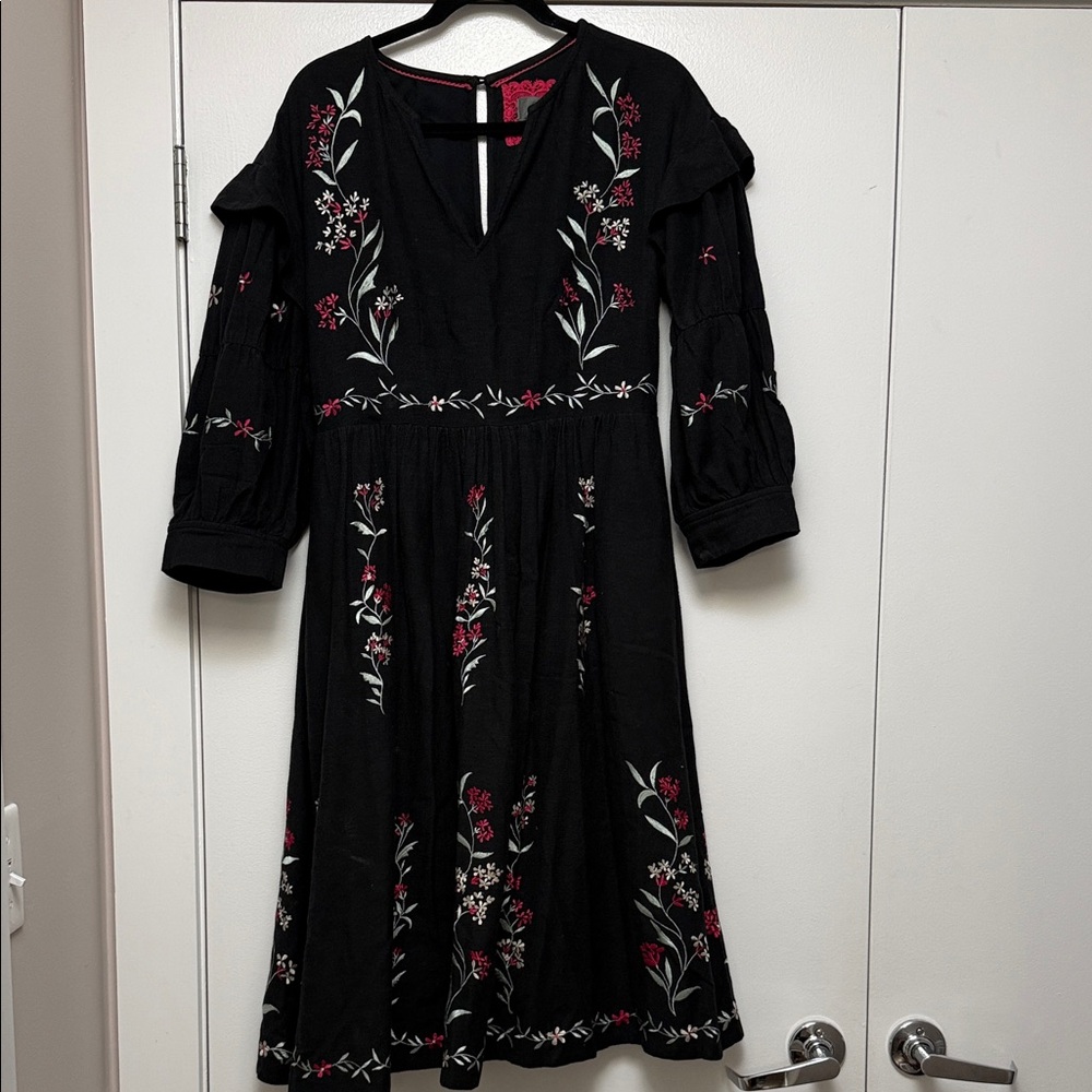 Anthropologie Black Embroidered Midi Dress